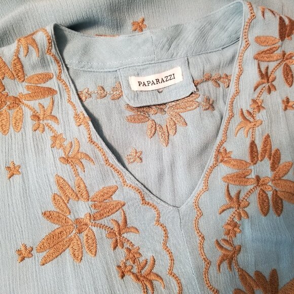 Paparazzi Blue Green Gauzy Dress with Gold Floral Embroidery Women's Size Medium - Picture 11 of 11